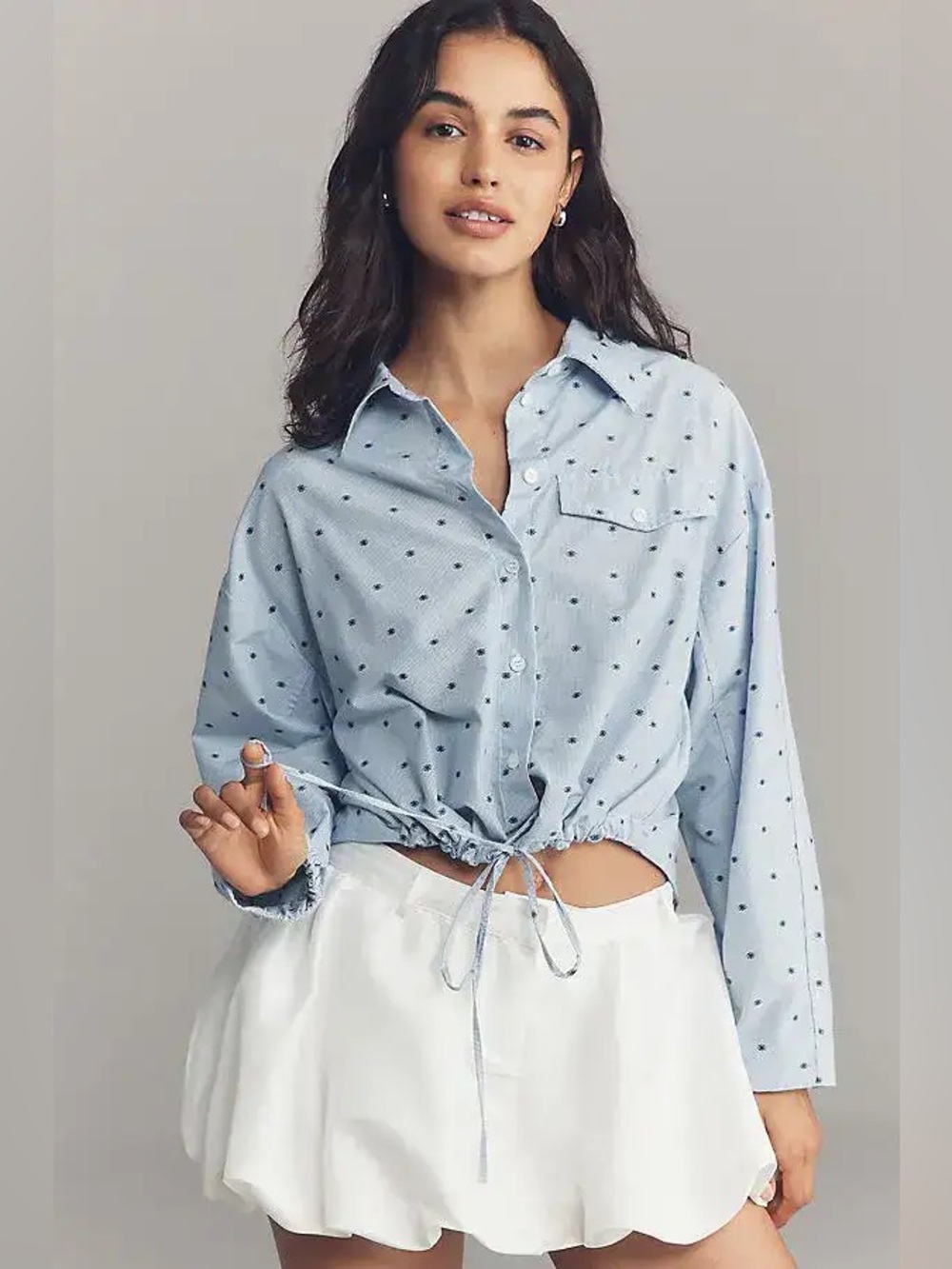 MAEVE Anthropologie Cinched-Waist Buttondown Shirt Polka Dot Size Large